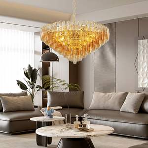 Lustre moderne extra large de 37 pouces à 14 lumières en or, à étages, en verre soufflé fumé et en laiton pour salon, chambre à coucher, salle à manger, hall d'entrée - Product Image 2