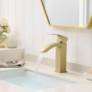 Rubinetto Moderno Monocomando per Bagno, Finitura Oro Spazzolato, Rubinetto Monoforo per Lavabo, Rubinetto Monocomando per Mobile Bagno - Product Image 5