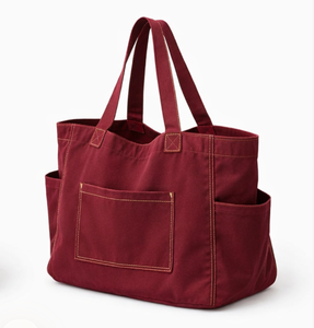 Sac fourre-tout en toile rouge grande taille pour le shopping, avec poche avant et poches latérales, poignée longue, usage quotidien, vente en gros - Product Image 3
