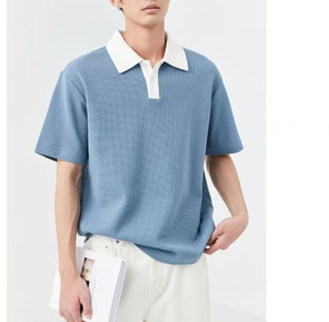 เสื้อโปโลแขนสั้นผ้าฝ้ายวาฟเฟิลสำหรับผู้ชาย สีพื้น ระบายอากาศได้ดี สไตล์ลำลอง ทรงปกติ - Product Image 5
