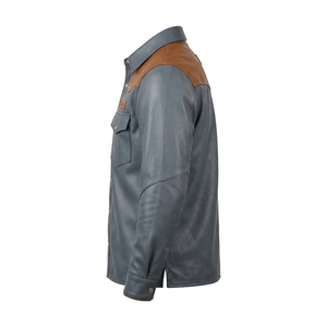 Chaqueta de Cuero Genuino Estilo Occidental Azul Pizarra con Yoke Marrón para Hombre, Venta al por Mayor Personalizada OEM ODM, Abrigo Camisero, Suministro Directo de Fábrica - Product Image 4