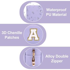 Borsa da Viaggio per Cosmetici in Pelle PU Viola Stile Preppy con Patch, Pochette Personalizzabile con Iniziale A-Z, Simpatica Borsa per il Trucco con Cerniera - Product Image 2