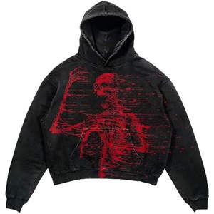 Sudadera con capucha para hombre Chrome Skeleton Middle Finger 2026, negra lavada, oversize, con gráfico metálico, azul neón, estilo streetwear artístico - Product Image 6