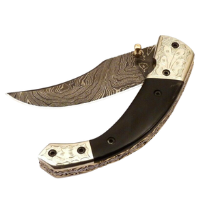 Navaja de bolsillo plegable de acero de Damasco hecha a mano con mango negro, empeines plateados con grabado floral y hoja curva con patrón, cuchillo EDC - Product Image 3