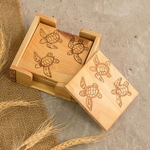 Wooden Coaster Set Rectangle Shape Turtle Carved Design Classic Style for Tableware Use 1 Layer Handles APEX FASHION ART - Product Image 1