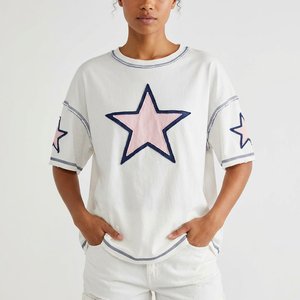 Camiseta a Cuadros de Estilo Universitario Vintage para Mujer, Corte Regular, Decoración con Parches, 100% Algodón, Secado Rápido, Top Informal de Verano - Product Image 4