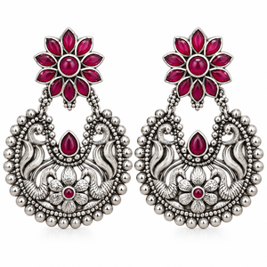 Pendientes de Moda para Mujer con Forma de Flor de Rubí en Plata Antigua al por Mayor |   Pendientes Colgantes Estilo Boho Indio de Rajasthan |   Directo - Product Image 1