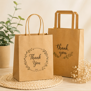 Thank You <b>Biodegradable</b> Kraft <b>Paper</b> Bag Floral Design Twisted Handles Eco-Friendly Gift Packaging Standard Size Classic Style - Product Image 1