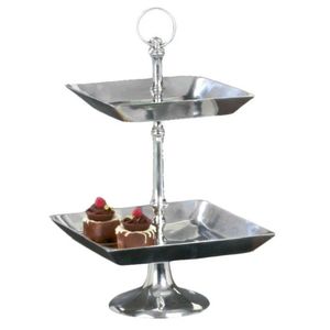 Plateau de service carré moderne en aluminium à 2 niveaux, finition argentée, présentoir à desserts en métal, plateau de présentation alimentaire pour hôtel, restaurant, buffet - Product Image 1