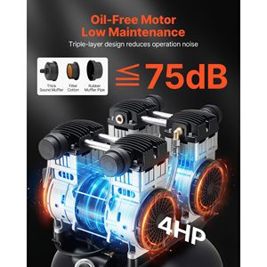 Compresor de Aire Sin Aceite de Alta Resistencia de 60 Galones, 4 HP, 10 SCFM a 90 PSI Máx., 125 PSI - Product Image 3