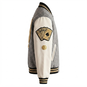 Custom Grey Wool Body <b>White</b> Sleeve Hooded Breathable Windproof Letterman <b>Jacket</b> Casino Patches <b>Men</b> Vintage College Bomber Casual - Product Image 5