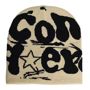 Gorro de punto de invierno con logotipo jacquard personalizado de bajo MOQ, bordado, acrílico/algodón, de secado rápido, sublimado, con diseño de calavera acanalada y lazos de puntos. - Product Image 4