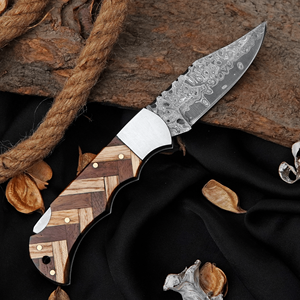 Patterned Carbon Steel Pocket Knife with Wooden Handle High-Polish Finish Leather Sheath Handmade Compact Hand <b>Tool</b> - Product Image 1