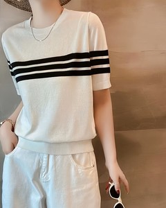 Women's <b>Cream</b> Solid Color Short Sleeve <b>Crop</b> <b>Top</b> Crew Neck Knitted T-Shirt Slim Fit Breathable Spring Summer Minimalist Style - Product Image 3