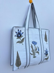Women <b>White</b> Cotton Tote <b>Bag</b> With Blue Floral Print Bohemian Style Summer Casual Zipper Shopping Travel Handbag for Women - Product Image 6