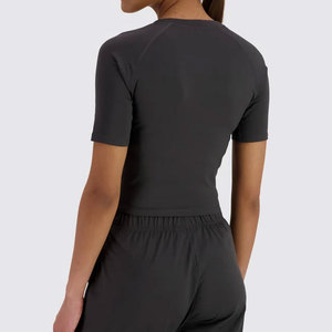 Women Padded Exercise Gym Crop <b>Top</b> T-Shirt Best Selling Summer Fit Yoga Shirt Solid Color <b>Sweat</b> Wicking Sports T-Shirt - Product Image 5