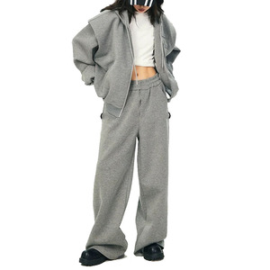 Conjunto Deportivo Gris para Mujer, con Capucha, Holgado, de Manga Larga, Color Sólido, Informal, para Otoño, con Bolsillos Laterales y Cierre de Cremallera - Product Image 3