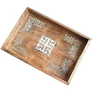 Bandeja de Servir de Madera Hecha a Mano, Color Azul Índigo con Patrón de Puntos, Plato Redondo de Gres, Bandeja Decorativa de Madera para Aperitivos, Vajilla - Product Image 5