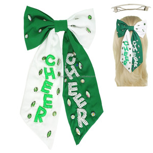 Nœud de cheerleading personnalisé en satin perlé avec lettres, accessoire capillaire décontracté pour équipe scolaire, pince à cheveux pour enfants, vente en gros - Product Image 3
