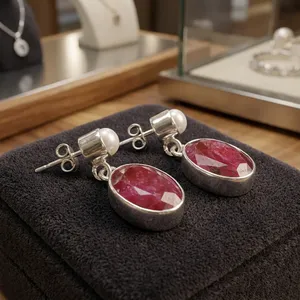 Freshwater Pearls Pure <b>Silver</b> Handcrafted Drop Earrings Bezel Setting And Imitation Pearl <b>Studs</b> - Product Image 3