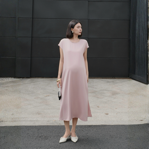 Vestido midi de satén de seda para mujer – Cuello redondo, manga corta, corte holgado, vestido informal transpirable con bolsillos, apto para embarazadas - Product Image 2