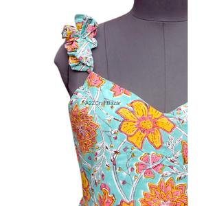 Robe longue décontractée pour femme en tissu de coton écologique imprimé au bloc, sans manches, à volants, pour la couture, idéale pour les fêtes, style simple - Product Image 4