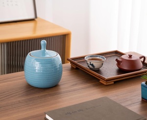 Glossy Blue <b>Storage</b> Jar Curved Silhouette Airtight Lid Crackle Finish Premium <b>Kitchen</b> Countertop Organizer Luxury <b>Storage</b> - Product Image 5