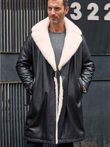Veste longue en cuir noir pour homme avec doublure en fausse fourrure, col rabattable, coupe-vent, manteau d'hiver, style décontracté, coupe régulière - Product Image 2