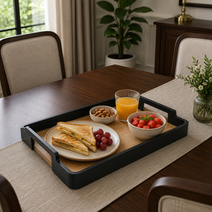 Modern Nordic Bamboo Serving <b>Tray</b> with Black Frame | Lightweight Rectangular <b>Breakfast</b> Platter for Home Kitchen Hotel Dining Use - Product Image 2