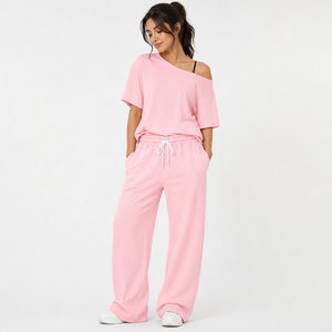 Conjunto de Pantalones de Verano para Mujer, Top Holgado con Hombros Descubiertos, Pantalones Largos Cómodos, Ropa Casual a Juego con Logotipo Personalizado - Product Image 3