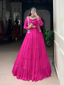 Women's Elegant White Embroidered Lehenga Choli Set Full Length Tiered <b>Skirt</b> With Blazer Top V-Neck Loose Fit All Seasons - Product Image 3