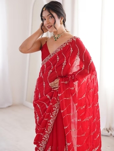 KV Satin <b>Red</b> Embellished Designer <b>Saree</b> With Unstitched Blouse - Product Image 1