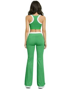 Conjunto Deportivo Personalizado para Mujer, Top Deportivo Verde y Blanco con Contraste y Pantalones Acampanados, Cintura Alta, Elástico, para Yoga, Fitness, Gimnasio, Venta al Por Mayor OEM - Product Image 2
