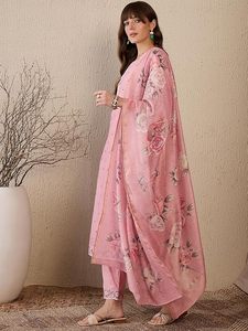 Women's <b>Linen</b> Embroidered Straight Kurta and Pant with Dupatta Set - Product Image 2