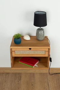 Table de chevet flottante moderne en chêne avec tiroir et panneau en rotin, meuble de chambre en bois massif écologique, design réglable - Product Image 3