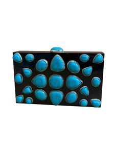 Turquoise Gemstone Brass <b>Clutch</b> <b>Bag</b> | Black Handcrafted Embellished Minaudiere with Chains | Luxury <b>Bridal</b> Wedding Evening Purse - Product Image 1