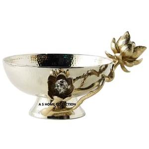 Nickel Plated Finished Hand Hammered Round Shape Decorative Golden Brass Lotus Flower Branch <b>Serving</b> Centerpiece <b>Bowl</b> - Product Image 1