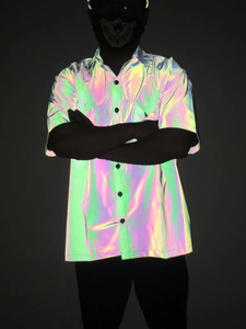 Men's Rainbow Holographic Short Sleeve <b>TShirt</b> Oversized Fit Street Style Foil Print Woven <b>Polyester</b> Casual Wear - Product Image 4