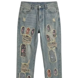 Pantalon vintage personnalisé pour homme, coupe ample, jambes larges, broderies, jeans pour homme - Product Image 1