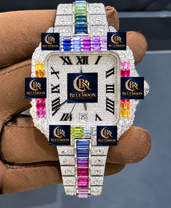Montre de luxe de haute qualité, carrée, entièrement sertie de diamants, pierres précieuses arc-en-ciel, chiffres romains, acier inoxydable, analogique, mécanique, alarme GPS - Product Image 3