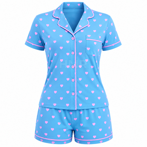 Ensemble de pyjama à manches courtes avec imprimé cœur bleu HMR Sisterhood Sorority, 2 pièces, vêtements de nuit en coton, pyjama décontracté d'été - Product Image 5