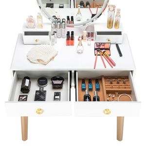 Elegante Set Toeletta in Legno Massello con Specchio Illuminato e Sgabello Imbottito, Finitura Bianco Champagne - Product Image 5