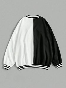 Blouson Bomber Unisexe Noir et Blanc à Blocs de Couleurs avec Imprimé Squelette Pailleté, Fermeture Éclair, Style Streetwear, Vêtement d'Automne, Cordon de Serrage en Strass - Product Image 2