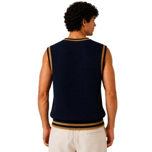 <b>Mens</b> Navy Blue Mustard Contrast Stripe Summer Knit Sweater Vest V Neck <b>Sleeveless</b> <b>Pullover</b> Casual Lightweight Custom Logo OEM - Product Image 2