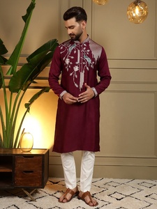 <b>Men</b> Maroon Embroidered <b>Kurta</b> With White Pyjama Regular Fit Traditional Indian Pakistani Wedding Wear Knee-Length - Product Image 1