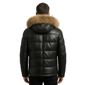 Veste en cuir véritable pour homme, style bomber, avec capuche et col en fourrure, épaisse, décontractée, fermeture éclair, coupe classique, pour l'hiver - Product Image 3