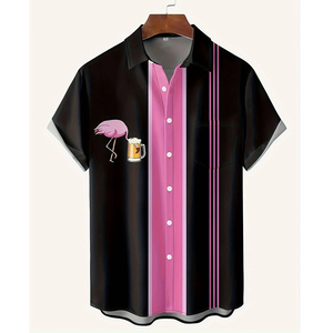 Chemise Hawaïenne Florale Personnalisée pour Homme, Manches Courtes Tropicales, Motif Flamant Rose, Respirante, en Popeline, Col Rabattu, 100% Polyester - Product Image 4