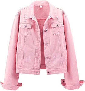 Veste en jean rose décontractée pour femmes et hommes, col rabattu court, coton délavé, simple boutonnage, coupe classique, style printemps - Product Image 1