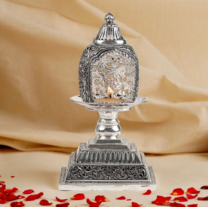 <b>Silver</b> Plated Glass Akhand Jyoti Diya Lantern Candle Stand Holder for Home Temple, available at wholesale prices. - Product Image 3