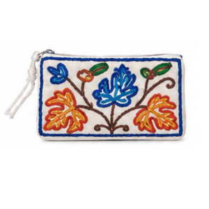 Kashmiri Handcrafted Cotton Flat <b>Pouch</b> Bridal Gift Floral Design <b>Zip</b> Closure Sustainable Washable Durable Aari Embroidery - Product Image 1